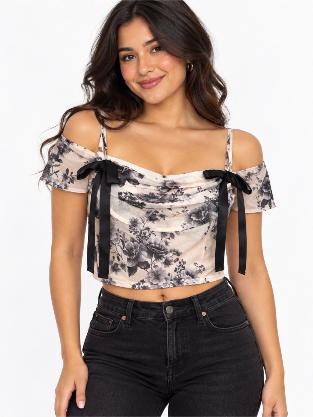 Tilly’s West of Melrose Floral Mesh Corset Top Black White Size Small NWT